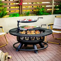Modern Heavy Duty BBQ Fire Pit Set - Black Round 36-42in Iron Steel Outdoor Wood Burning Stove with 36" Diameter Option, 2 Grills, 15 Inch Grill Set, Lid Table for Backyard, Patio Use