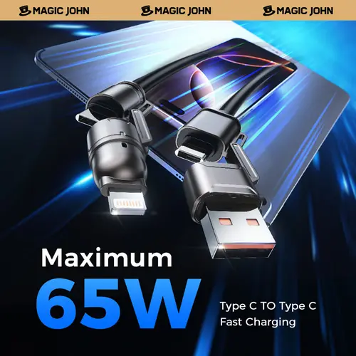 MAGIC JOHN 4-in-1 USB-C Charging & Data Cable, 65W Fast Charging, Liquid Silicone & Aluminum Alloy Braided, Black & Gray, for Smartphones, Cellphones & Electronic Devices