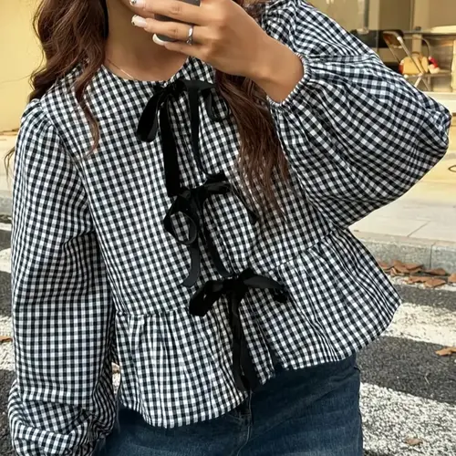 Women's Plaid Print Blouse, Casual Bishop Sleeve, Casual Long Sleeve Top for Fall, Women's Clothing for Daily Wear, Boho Casual Top, Bohemian Fitted Top, Boho Style Blouse, Blouses Shirts