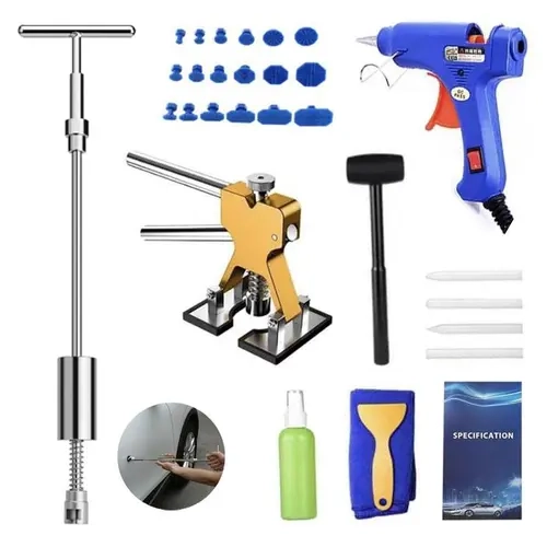 30-Piece Professional Portable Compact Car Dent Repair Kit for DIY Car Care, Emergency Repairs - Includes Slide Hammer, T-Bar, Golden Lifter, Glue Gun, Spray Bottle, Cloth for Effective Results