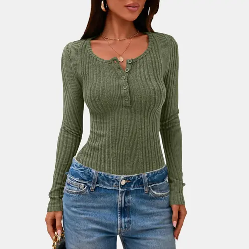 PRETTYGARDEN Women's Long Sleeve Henley Shirts Slim Fitted Ribbed Knit Tees Casual Fall Fashion Basic Outfits for Weekend Wear Soft Stretchy Knitwear