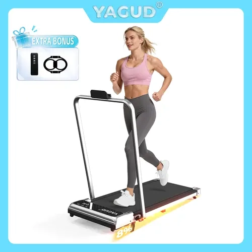 【Colorful Handrail】 YAGUD Upgraded Folding Treadmill , Low Noise Motor – 330 lbs Weight Capacity Spacious Belt Walking Pad, Dual Shock Absorption, Remote Control & Wheels for Easy Moving – Includes Free Resistance Bands