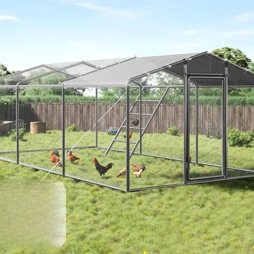 AMERLIFE 9×19ft Large Walk-in Chicken Coop - Galvanized Steel Frame, Galvanized Perch, Hinged Door, Fast Assembly, Spire-Shaped Roof, All-Weather PE Cover, Predator-Proof Hexagonal Wire Mesh, Zip Ties - Backyard-Ready for Poultry Care, Ideal for Ducks