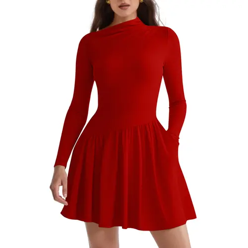 HYZ Women's Elegant Long Sleeve Belted Ruffled A-line Going Out Party Mini Dress