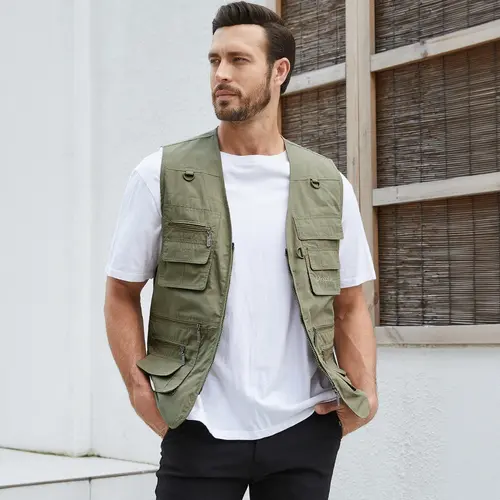 Gihuo Men's Fishing Vest Utility Safari Travel Vest with Pockets Army Green Beige Sleeveless Gilet Lightweight Breathable Waterproof Quick Dry Multi Pockets Casual Menswear Outdoor Tops Wetsuit Plain Shortsleeve