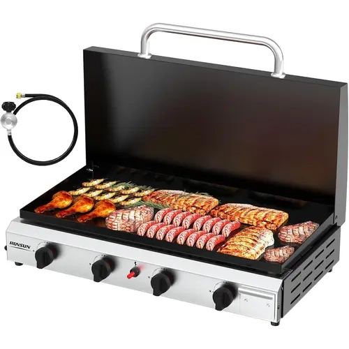 ROVSUN 2/4 Burner Portable Propane Griddle with Enameled Tray & Lid, 20000/40,000 BTU Tabletop Flat Top Gas Grill with Electronic Ignition & Regulator for Outdoor Cooking Camping BBQ Tailgating