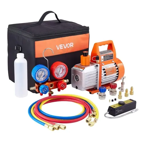 VEVOR High-Efficiency 4 CFM 1/3 HP Single Stage Rotary Vane HVAC Vacuum Pump, 4-Pole High-Torque Motor Full Kit with Manifold Gauge Set, 0.35 qt Vacuum Oil Bottle, 1/4"-SAE to 1/2"-ACME Adapter, 3.94 ft Hose, Carry Bag, Dual Bar/PSI View, 5 Pa