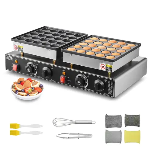 【toolupgrade】VEVOR 50-Cavity Nonstick Stainless Steel Miniature Dutch Pancake Maker - 1800W Commercial Electric Poffertjes Grill Pan, Dual Temp-Time Control, Steady Rubber Feet, 43mm Cavities, Home Appliances for DIY Gatherings & Cafes, 1617-1875W Range