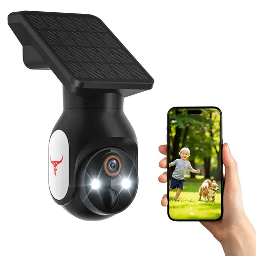 Wireless Outdoor Home Security CCTV Camera with Solar Panel - 2.4GHz Only, Battery Powered, App Controlled, Pan Tilt, AI Motion Sensor, Night Vision, 2-Way Audio, IP65, AES-128 Encrypted Cloud Storage