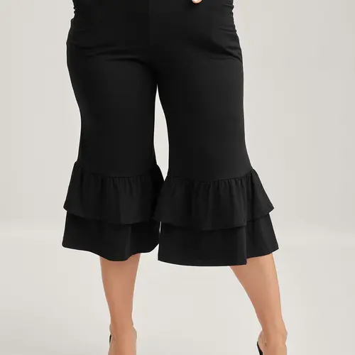 BLOOMCHIC Women's Plus Size Y2K High-Waisted Mid-Rise Flare Bell Bottom Pants with Pockets, Ruffle Hem Stretch Black Casual Comfy Trousers, Fall Outfit Clothes [M-6X] Chic Curve Pants