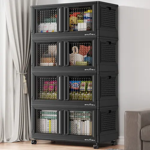 Broview V10 Lockable Organizer Bins - 100Qt/300Qt/400Qt Large PP Plastic Durable Storage, Built Tough Textured Bins with Lids, Doors, Wheels, Stackable for Home Storage Organization