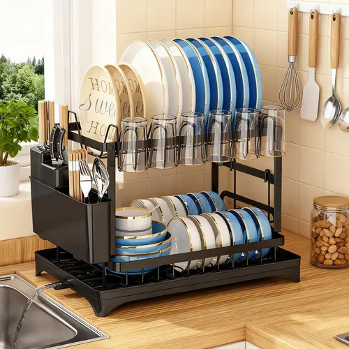 【TiktokShopDealsForYou】Bepatio Double-Layer Kitchen Countertop Drain Rack, Metal Material, with Drain Board, Can Hold Tableware, Carbon Steel Material, Kitchen Storage Rack