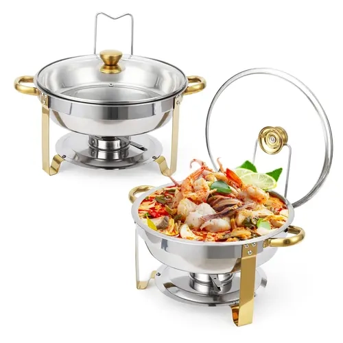 【Christmas Deal】GARVEE 2-Pack 5QT Stainless Steel Round Chafing Dish Buffet Set with Lid Holder & Glass Lid, Buffet Servers and Warmers for Parties, Weddings, Camping, Available in Gold and Silver