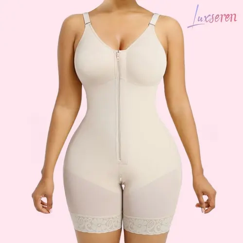LUXSEREN Women's Colombian Shapewear Bodysuit Dress - Front Zip Up Bra with Adjustable Straps, 3/4 Coverage, Short Length, Tummy Control, Butt Lifter, Compression Fabric, All-Day Comfort & Support, Scoop Neck, Boy Shorts, Fit for Casual & Wedding