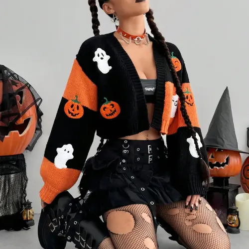 【Black Friday】Women's Halloween Colorblock Pumpkin Embroidered Loose-Fit Short Cardigan, Casual Fall & Winter Knitwear, Moderate Fabric Thickness