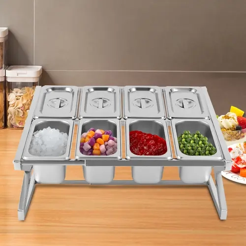 Stainless Steel Adjustable Condiment Rack with 8 Pcs 900ml 1/9 Size Condiment Containers, 35.5-65cm Adjustable Size, 15kg Capacity, Polished Finish, Organized Food Storage Spice Rack for Serving Dining Events