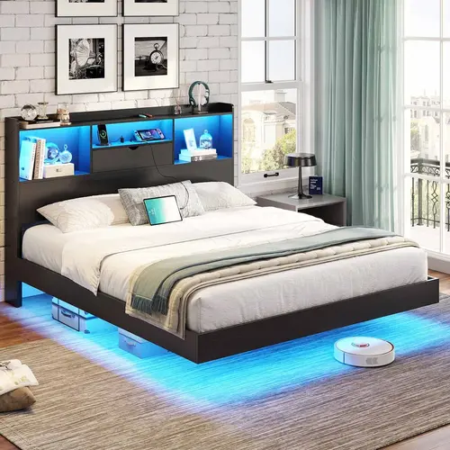 Sikaic Floating Bed Frame with LED Lights & Storage Headboard, Modern Visual Floating Platform Bed with Charging Station, Sturdy Metal Bed Frame, No Box Spring Needed, Easy Assembly, Home Furniture Christmas Gifts cozy home familyfun [TikTokShopblackfrida
