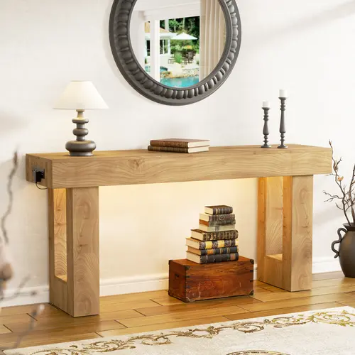 63'' Farmhouse Console Table with Power Outlets and Motion Sensor Light, Wooden Entryway Table Sofa Table for Entrance, Hallway, Living Room