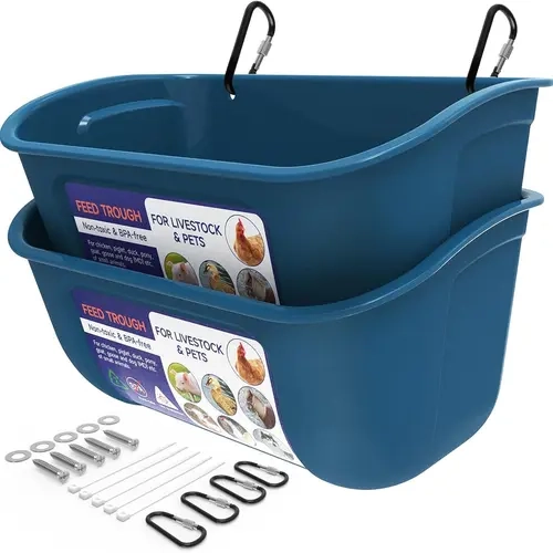 Chicken Feeder Waterer - 2 Pack 5/9 Quart Hanging or Screw-in Fence Feeders with Clips - Ideal Goat, Duck, Piglet, Sheep, Dog, and Livestock Feeding Supplies - Durable Plastic Feeder