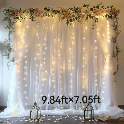 1 Set String-Lit Sheer Backdrop Curtains (9.84ft x 7.05ft) - Colorful White,Sky Blue,Pink,Green,Purple,Champagne - Easy to Use,Lightweight,Paneled - Hang & Light Setup Party Decorations Banners - For Birthday,Wedding,Baby Shower,Decorations for Room