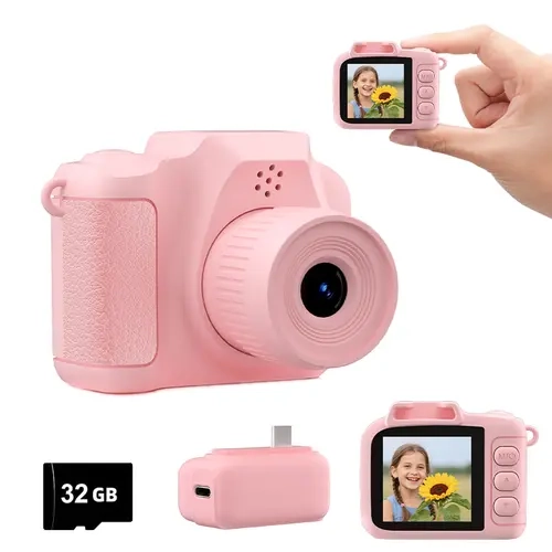 2.0 Inches LCD Fixed CMOS Digital Camera - Pink Pocket-Size Compact Point & Shoot Camcorder, Micro SD Compatible Portable Plastic Device, Kids’ Party Christmas Gift with Battery