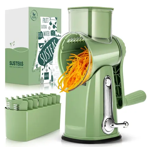 SUSTEAS 5-Blade Rotary Cheese Shredder - 18/10 Stainless Steel Kitchen Vegetable Slicer with 5 Replaceable Blades, BPA-Free, Hand Crank, Stable Suction Base, Non-Slip, Ergonomic Handle, Compact, Fast Prep