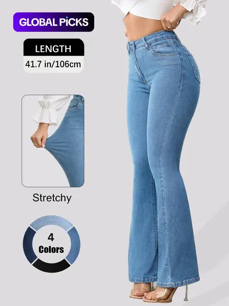 Women's Slim Fit Elastic Flare Denim Pants, Flared Leg Design, Highrise Flare, Multi-Color, Basic Fashionable Elegant Comfort Design, Casual Wear, All Seasons, High Waist, High Waisted Jeans, Button Front Bootcut jeans Womenswear Trouser