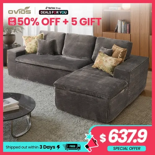 【2 Packages Shipping】Ovios 106" Modular Cloud Couch with Chaise, Upgraded Double Layer Cushion Plush Corduroy, No Assembly Required - L-Shaped Sectional Sofa Set with Flexible Configuration - 3 Seater