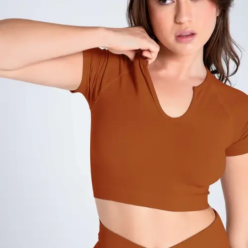 SHAPELLX Women's Premium Seamless V-neck Crop Top - Minimalist, Basic, Casual Everyday Wear for Pairing with Jeans
