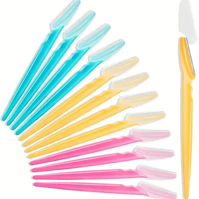 12-Piece Eyebrow Razor Set Multipurpose Exfoliating Dermaplaning Tool for Face Facial & Eyebrow Shaper with Precision Covers for Women Men Use Stainless Steel Blades Portable 5.7" Length Pink Blue Yellow Colors Makeup Compact