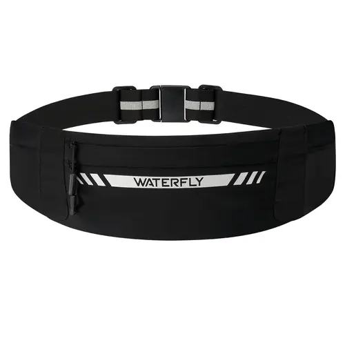 WATERFLY Running Belt Fanny Pack: Slim Breathable 4 Pocket Waist Bag for Men Women Sport Workout Exercise Fitness Phone Holder - Runner Marathon Jogging Waistband Fits ALL Phones