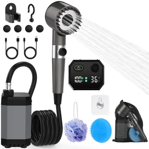 12000mAh Compact Retractable Foldable Rechargeable Portable Shower Head with LED Water Temp Display, Filtering Layer, Dual Mode, 2 Hooks Fit Indoors/Outdoors, Insect-Proof, Moisture-Proof Camping Gear for Outdoor Camping, Pet Cleaning