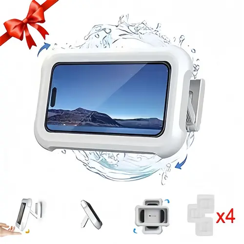 [summerwins] Waterproof phone stand for showers and bathrooms—360° smooth rotation, anti-fog protective case, responsive full HD touchscreen, includes 4 tool-free adhesive wall mounts, compatible with 4- to 7-inch smartphones