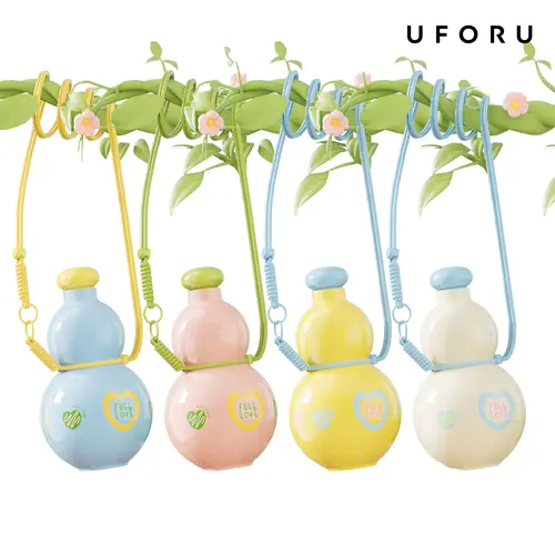 UFORU 880ml Reusable BPA-Free PP+PC Gourd Water Bottle - Printed Novelty Big Belly Cup, Cartoon Colorful Designs, Adjustable Strap, BPA-Free Sipping, Stylish Outdoor Portable Drinkware for Students, Cream White