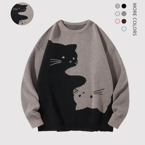 SAND SOUND Men's Crew Neck Knitwear Pullover - Unisex Cute Cartoon Cat Print, Oversized Baggy Polyester Long Sleeve Chic Top, Autumn Winter Casual College-Style Wear, Birthday Gift for BF to Match Jeans