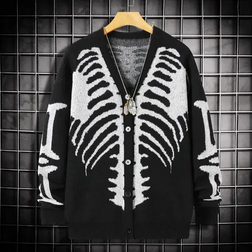 Unisex Skeleton Print Button-Front Knitwear Top - Long Sleeve V-Neck, Loose Drop-Shoulder Regular Fit, Soft Menswear Pullover, Spooky Men's Cardigan, Multi-Size, Casual Halloween Fall Wear