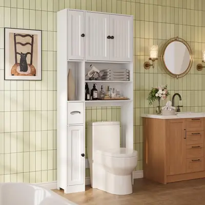 Gizoon Over The Toilet Storage Cabinet, with Five Doors, White | Over Toilet Bathroom Organizer with Adjustable Shelves, Above Toilet Storage Cabinet for Bathroom, Restroom, Laundry