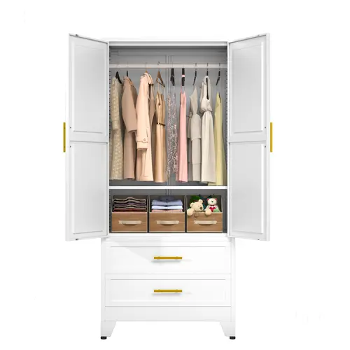 Metal Wardrobe Cabinet with Hanging Rod, 71" Metal Clothing Storage Cabinets with 2 Door, 1 Adjustable Shelf and 2 Drawers, Steel Armoire Wardrobe Closet for Bedroom, Gym, Cloak Room