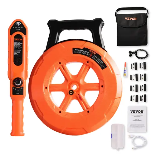 VEVOR Underground Locator Tools and Gadgets - 100ft/30m IP67 Waterproof Blockage Detector, Adjustable Sensitivity Dial, 10-Hour Transmitter, USB/Battery Charging, 8 Waterproof Probes + Cables, Metal/PVC Water Pipe Scanning Tool, Adhesive Compatible