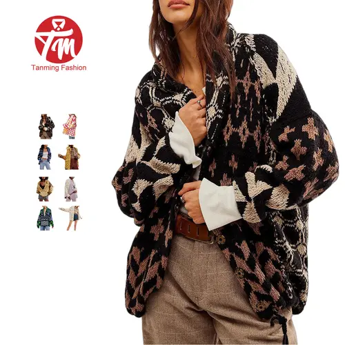 Tanming Womens Geometric Plaid Cardigans Shawl Collar Oversized Chunky Knit Long Sleeve Sweaters Jackets Casual Spring Fall Winter Work School Vacation Outfits Clothing