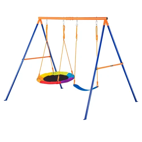 VEVOR Swing Sets for Backyard,  440lbs Load Capacity Swing Set, with 1 Saucer Swing Seat, 1 Belt Swing Seat, Heavy Duty A-Frame Metal Swing Stand and Adjustable Rope, Swingset Outdoor for Kids