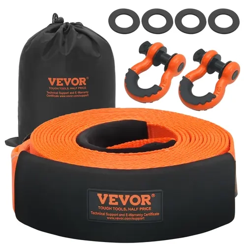 VEVOR Heavy Duty Tow Strap Recovery Kit - Zinc, Waterproof, Advanced Surface Treatment, 3in Wide x 30ft Long (MBS 41887 lbs), Triple Loop, Tree Saver Winch Strap, Protective Sleeves, Storage Bag, 3/4in D-Ring Shackles, Vehicle Escape Tool for Trucks, SUVs