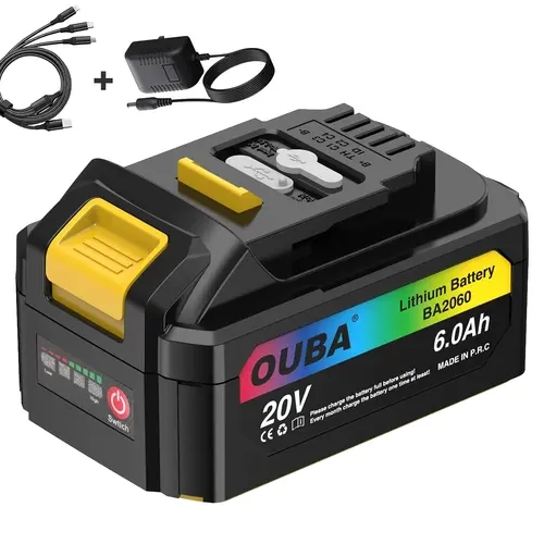 OUBA 20V 6.0Ah Lithium-ion Battery – Replacement for DeWalt DCB200/DCB205/DCB204/DCB206, Compatible with DCD/DCF/DCG Tools – High Capacity, Fast Charging, BMS Protection, Includes DC Adapter