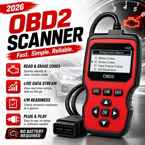 V320 Automotive Scan Tool OBD2 Code Reader - 2026 OBDII/EOBD Compatible Vehicle Diagnostic Tool with Full OBDII Functions, Code Clearing, Live Data, I/M Readiness, Freeze Frame, DTC Lookup, User-Friendly Interface, 12V Car Battery Voltage Testing