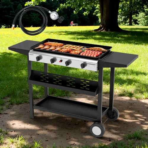 ROVSUN 4 Burner Portable Propane Griddle with Nonstick Enameled Tray, 40000 BTU Rolling Flat Top Gas Grill with Electronic Ignition, Side Shelves & Regulator for Outdoor Cooking Camping BBQ Tailgating