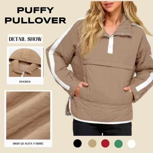 Imily Bela Womens Puffer Pullover Jacket Winter Quilted Hoodies Contrast Trim Hooded Puffy Coat Outerwear with Pockets