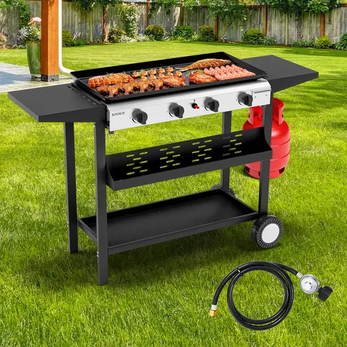ROVSUN 40,000 BTU Stainless Steel Square Portable Flat Top Propane Grill Stove - 4 Burners, Nonstick Oil Tray, Electronic Ignition, Foldable Side Shelves, Transport Wheels, Adjustable Flame Size, Portable Kitchen for Backyard BBQ, Camping