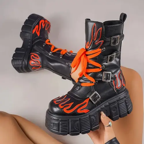 Women's 90s Grunge Flame Print Rubber Platform Mid-Heel (3-5 cm) Booties - Alt Girls, Alternative Girl, Chunky Round Toe, Side-Zip, Retro Rock Casual Footwear