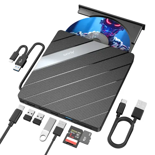 ALXUM Retro Laptop CD DVD Player with USB,External CD/DVD Drive USB 3.0 and Type-C Portable CD DVD Player and Burner with 4 USB-A Ports and SD/TF Card Slots, Compatible with Laptop,Desktop,Windows,Mac