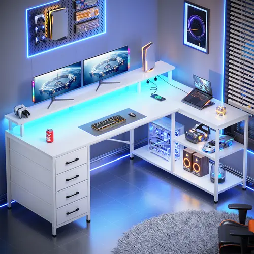 Sedeta 47.2-Inch Modern L-Shaped Wood-Metal Computer Office Desk - Easy-Assembly Commercial Office Furniture with Metal Frame, 4 Drawers, Storage Shelves, LED Lights, Power Outlets for Large Spaces, Student Learning & Gaming Use, Modern Corner Desk